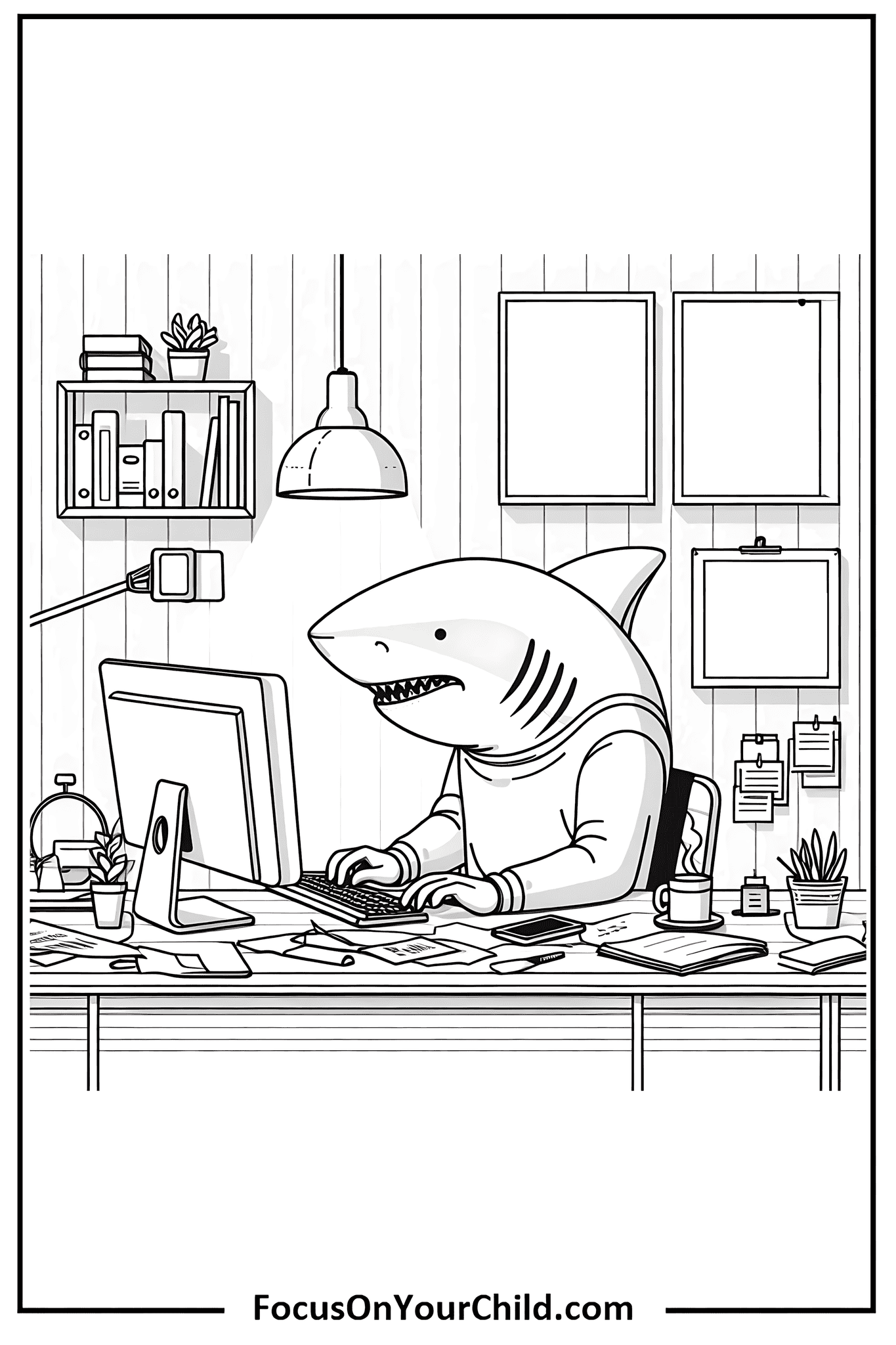 Shark working at an office desk with computer in a whimsical black and white illustration.