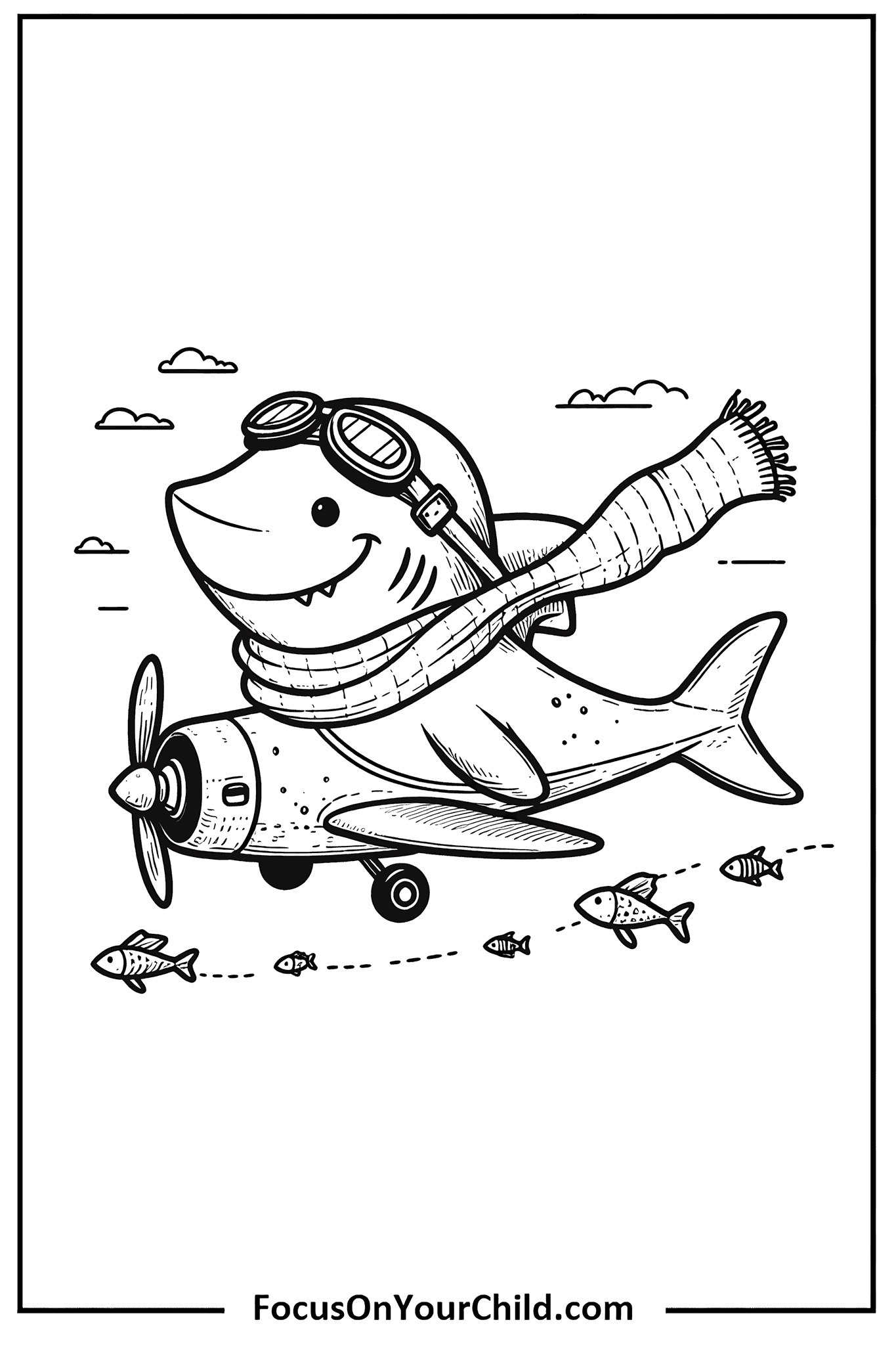 Whimsical black and white illustration of a shark piloting an airplane.