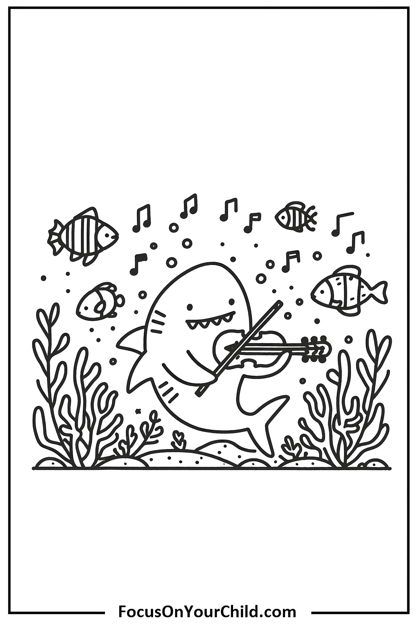 Whimsical underwater coloring page with shark playing violin for childrens activity.