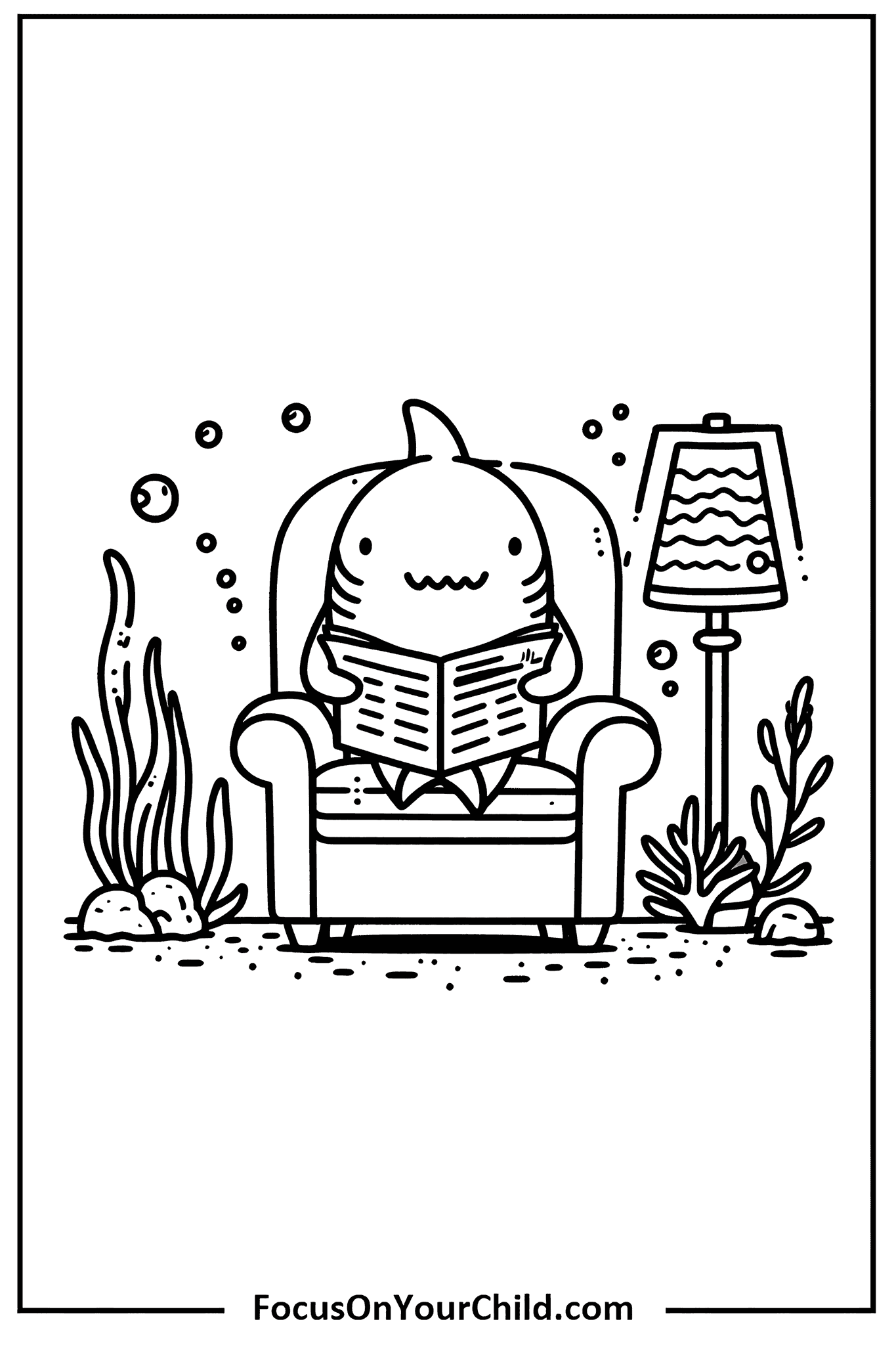 Whimsical black and white drawing of a shark reading in an underwater living room.