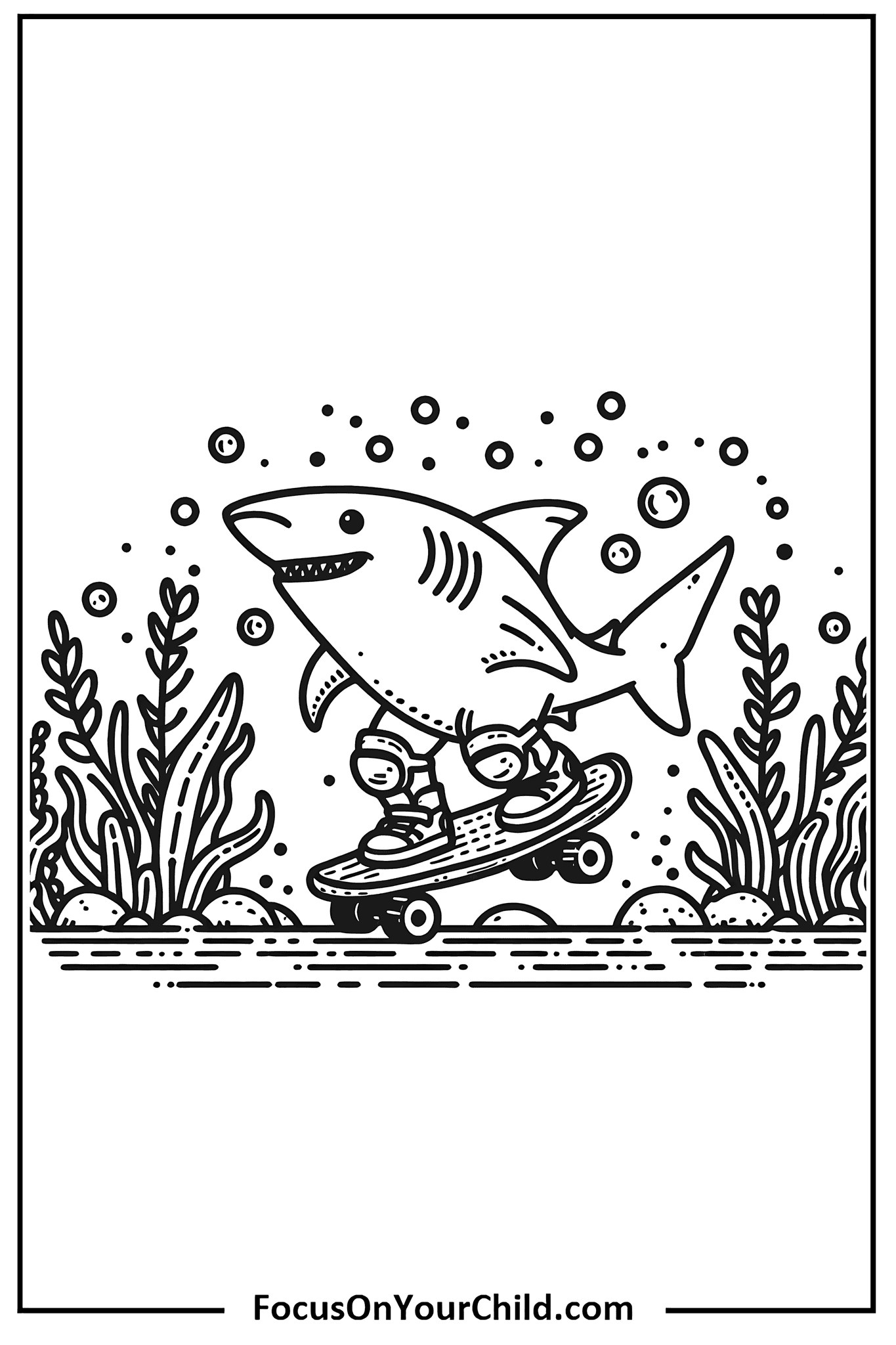 Playful cartoon shark skateboarding underwater, surrounded by bubbles and aquatic plants on FocusOnYourChild.com.
