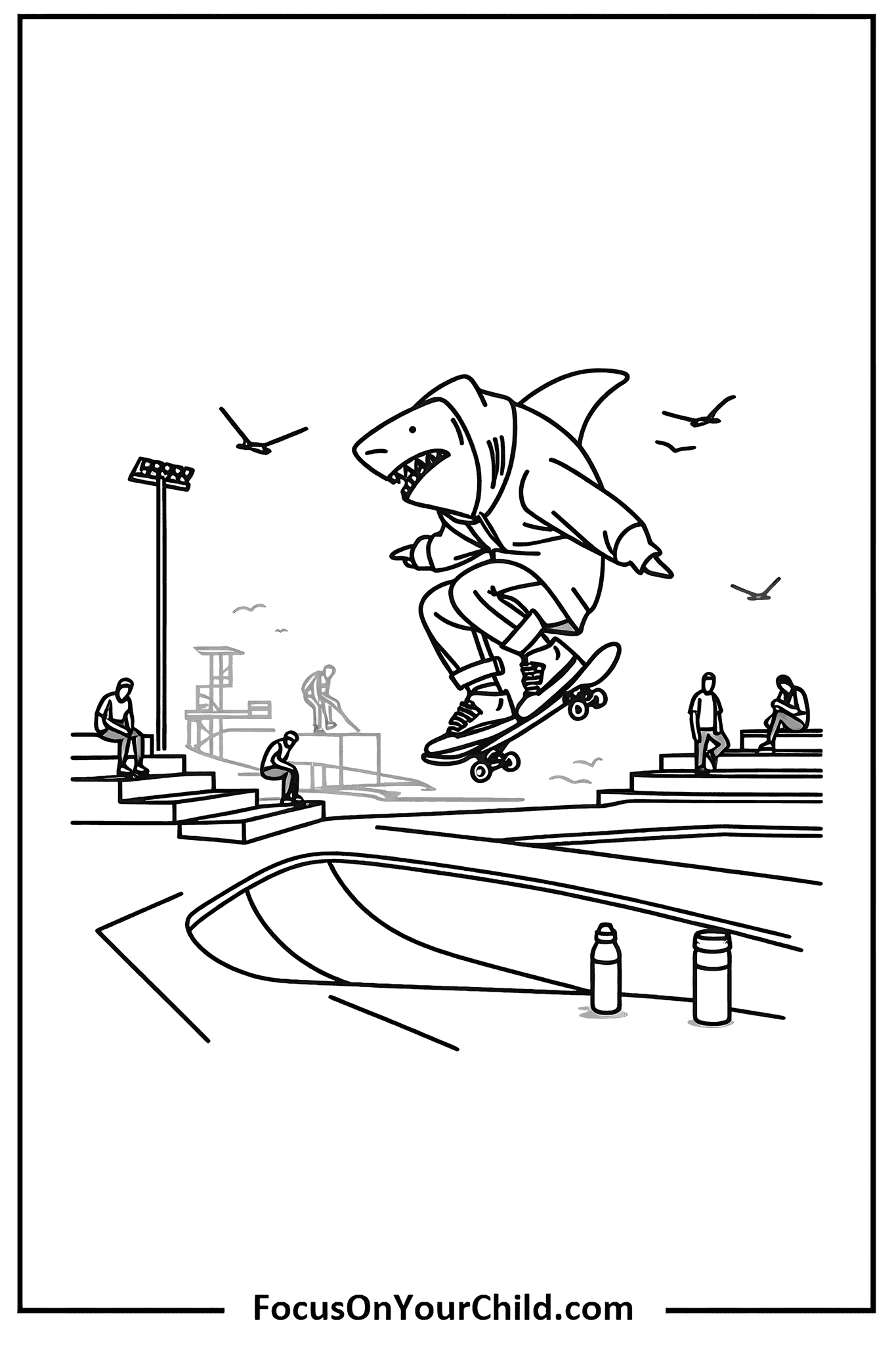 Cartoon shark skateboarding in a busy park scene.
