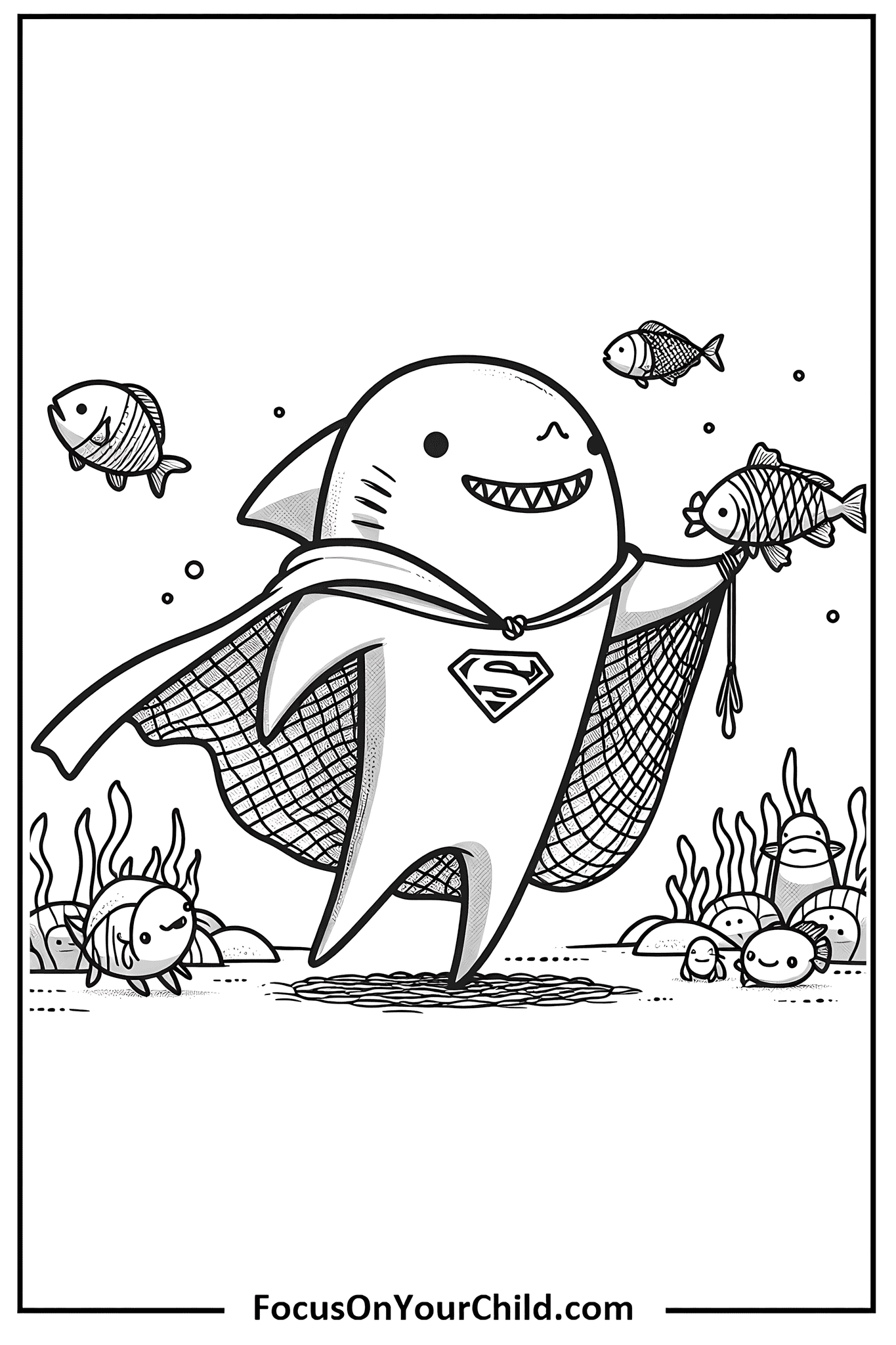 Cheerful superhero shark with smiling fish underwater scene for kids website.