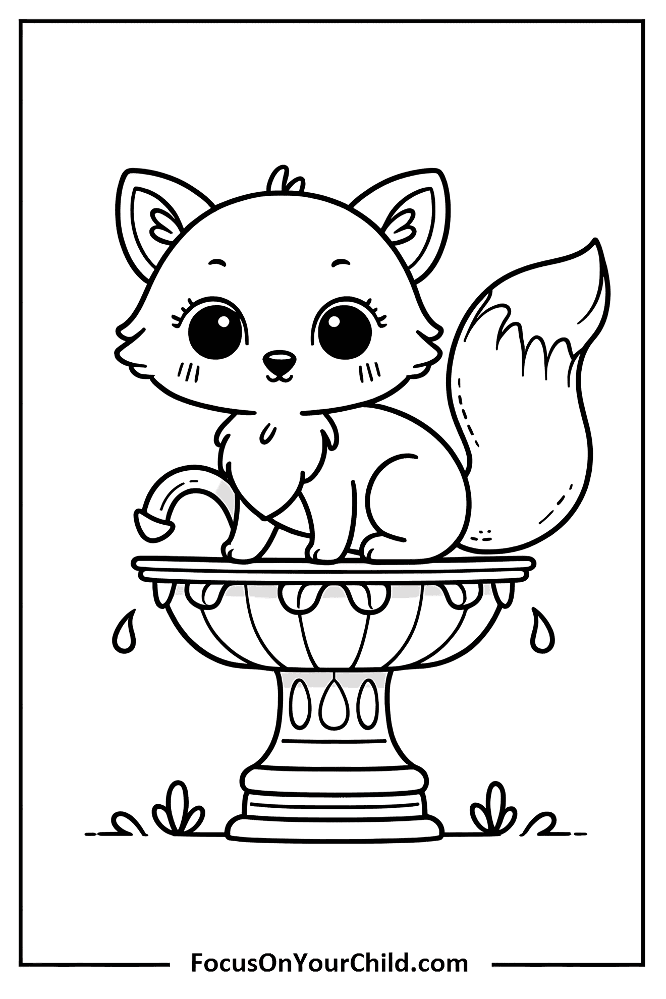 Adorable cartoon fox sitting on birdbath in garden setting.