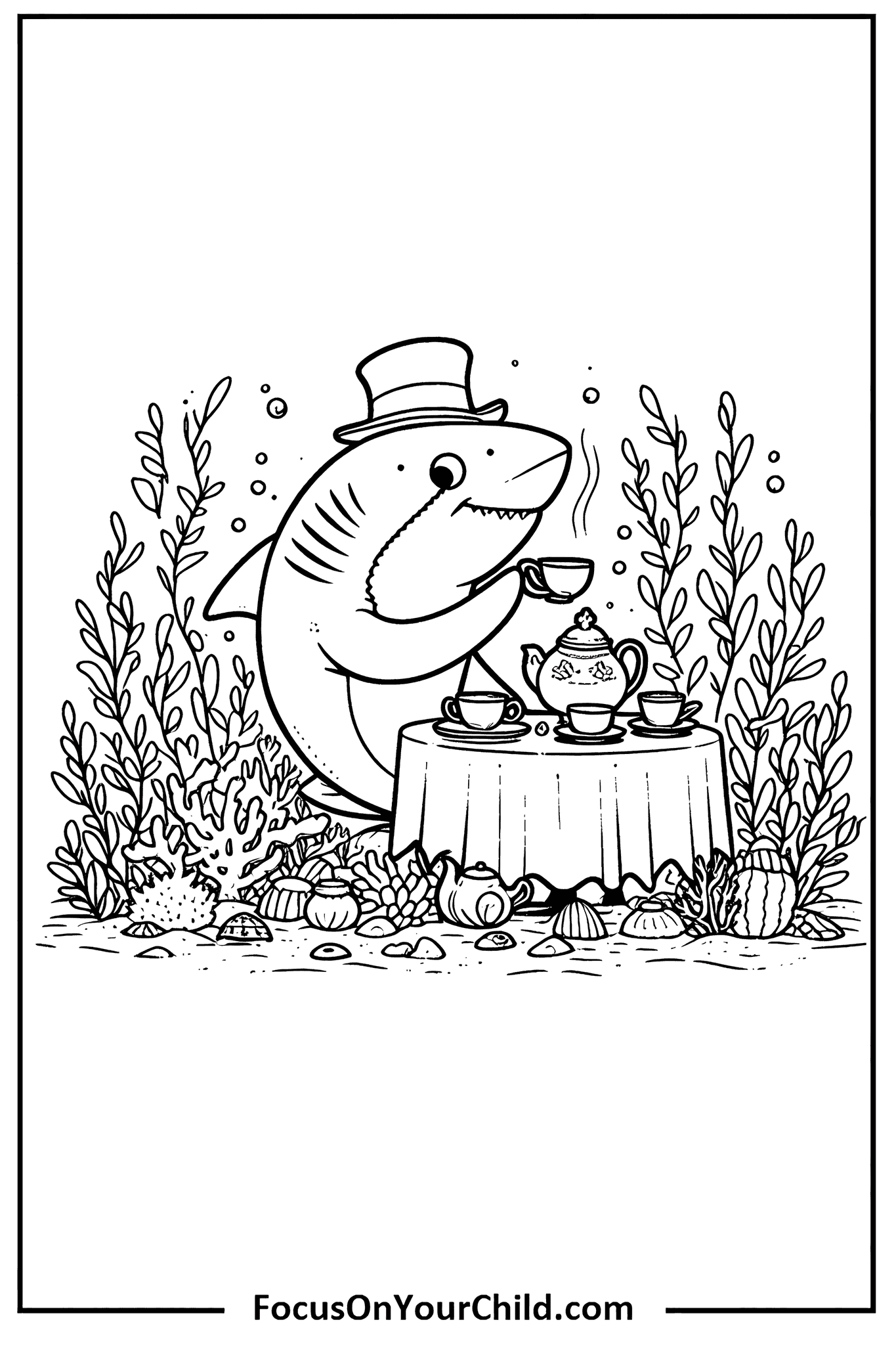 Whimsical shark enjoying tea in underwater scene, perfect for coloring activities.