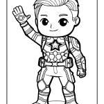 Cute chibi superhero character waving in detailed costume for coloring activity.