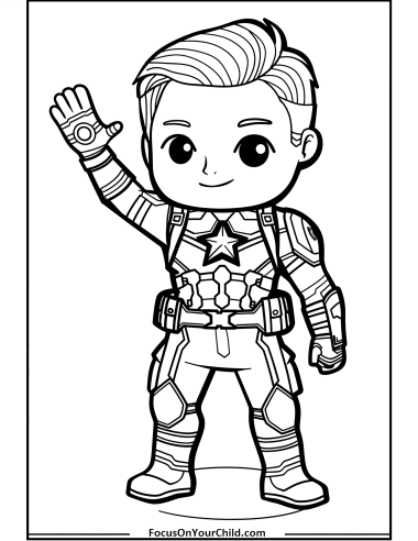 Cute chibi superhero character waving in detailed costume for coloring activity.