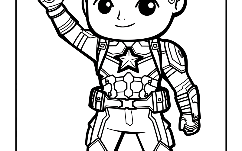 Cute chibi superhero character waving in detailed costume for coloring activity.