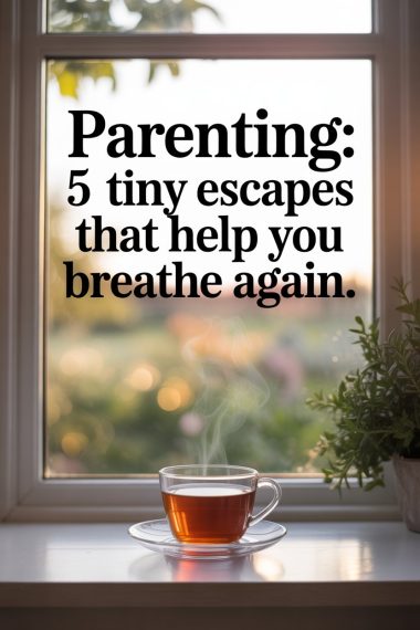 Cozy tea moment promoting parenting breaks and relaxation in a peaceful, nature-inspired setting.