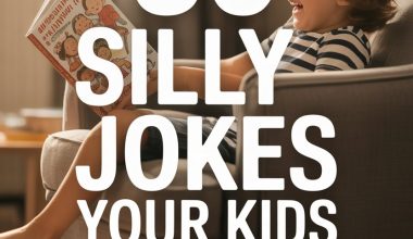 Happy child reading a funny joke book in cozy living room.