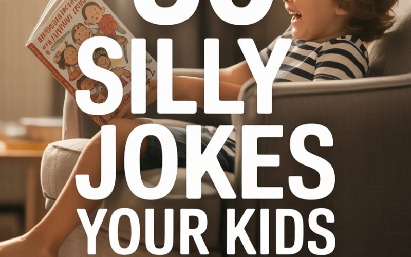 Happy child reading a funny joke book in cozy living room.