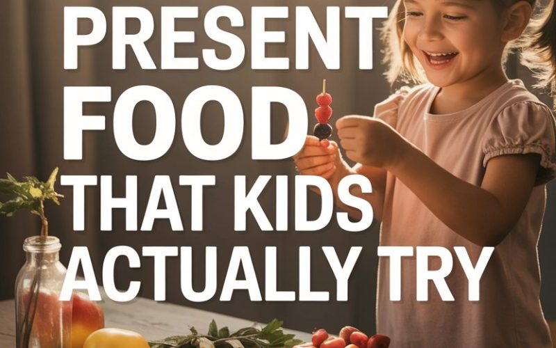 Young girl enjoying healthy fruit snacks with colorful food presentation ideas for kids.