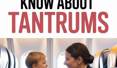 Airline attendant comforting a happy child during a tantrum at 35,000 feet in an airplane cabin.