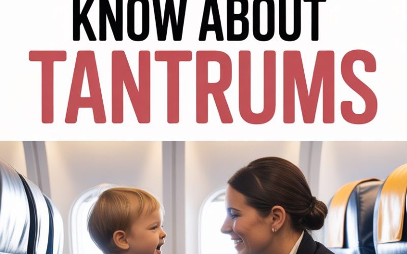 Airline attendant comforting a happy child during a tantrum at 35,000 feet in an airplane cabin.