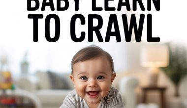Happy baby learning to crawl with toys and colorful rug in a cozy home environment.