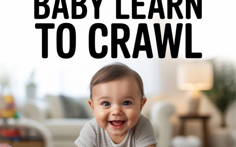 Happy baby learning to crawl with toys and colorful rug in a cozy home environment.