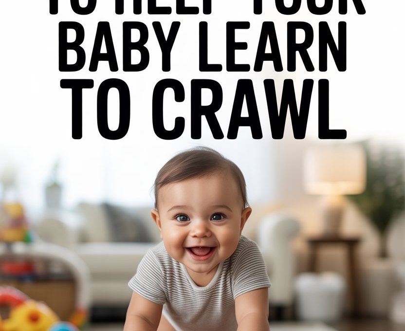 Happy baby learning to crawl with toys and colorful rug in a cozy home environment.