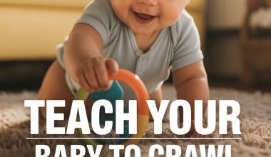 Cute baby crawling on rug with toys, showcasing baby development tips for caregivers.