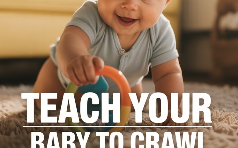 Cute baby crawling on rug with toys, showcasing baby development tips for caregivers.