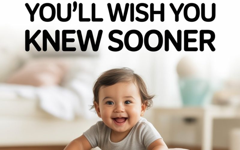 Happy baby playing with colorful toys inside a cardboard box in a cozy nursery.