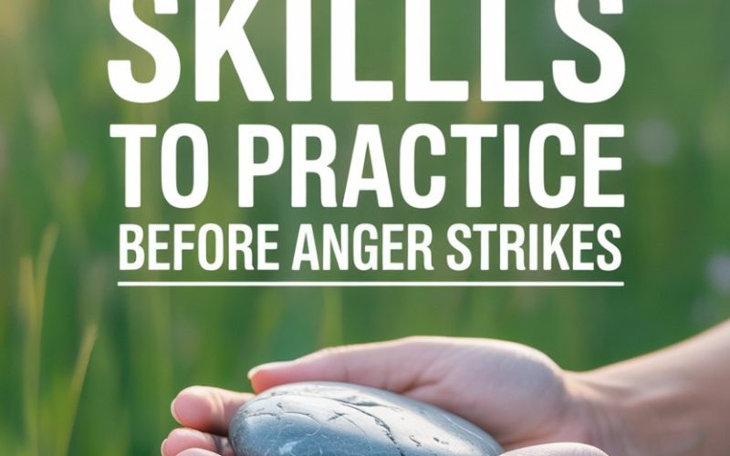 Hand holding a smooth stone in a peaceful natural setting with calming mindfulness advice.