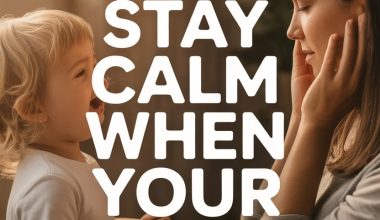 Caring mother comforting happy child during stressful moment with parenting tips for staying calm.