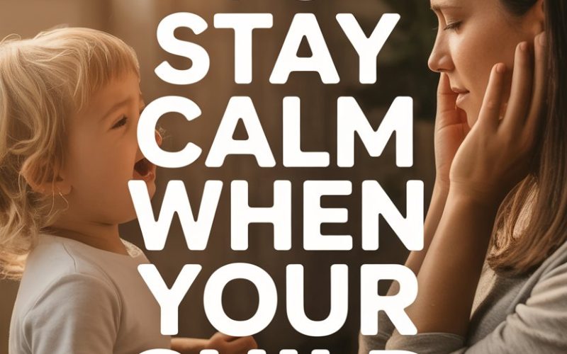 Caring mother comforting happy child during stressful moment with parenting tips for staying calm.