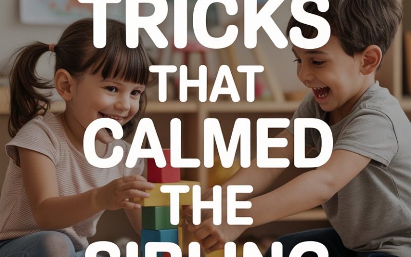 Children playing with blocks and toys in a colorful, cheerful playroom, promoting sibling harmony.