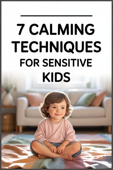 Calming techniques for sensitive children, girl relaxing in cozy living room environment.
