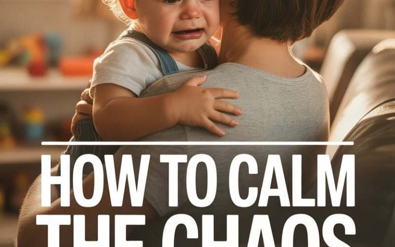 Caring adult comforting a distressed child during a crying episode in a cozy home setting.