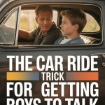 Vintage car interior with a father and son sharing a meaningful conversation during sunset.