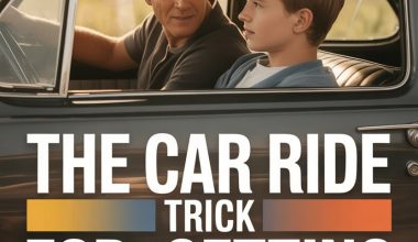Vintage car interior with a father and son sharing a meaningful conversation during sunset.