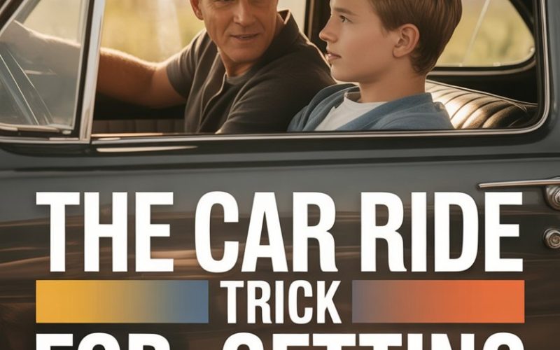 Vintage car interior with a father and son sharing a meaningful conversation during sunset.