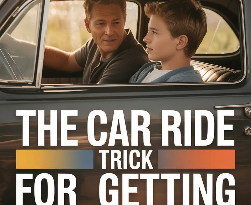 Vintage car interior with a father and son sharing a meaningful conversation during sunset.