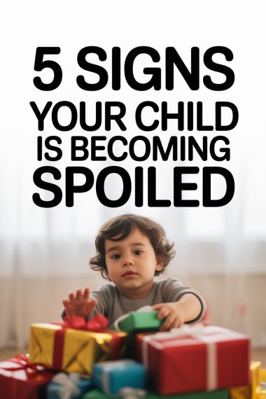 Child with serious expression surrounded by gifts, highlighting signs of spoiled behavior in kids.