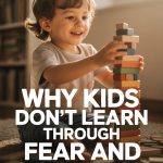 Child playing with colorful wooden blocks, promoting joyful, fear-free learning and creative development.