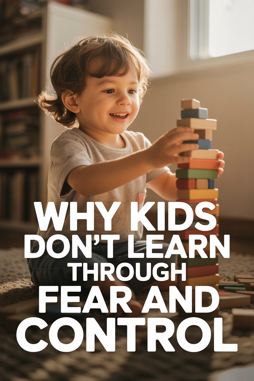 Child playing with colorful wooden blocks, promoting joyful, fear-free learning and creative development.