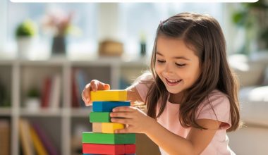 Young girl building colorful wooden blocks in a cozy, sunlit playroom for screen-free activity.