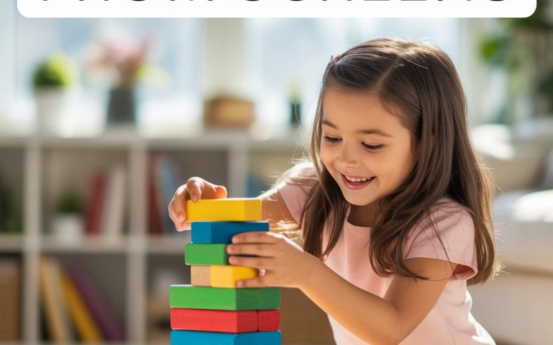 Young girl building colorful wooden blocks in a cozy, sunlit playroom for screen-free activity.