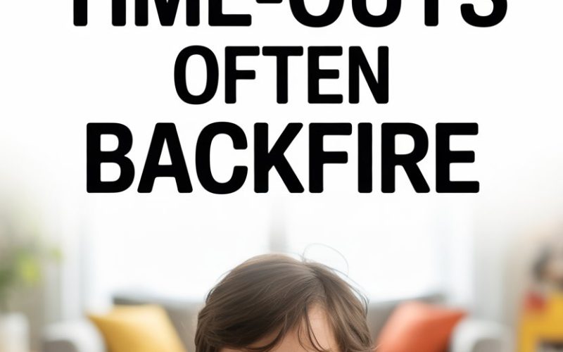 Boy looking frustrated during timeout in cozy living room with humorous caption about discipline backfire.