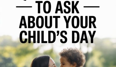 Happy parent and child outdoors discussing daily questions in a sunny park setting.