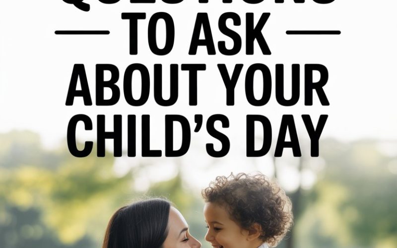 Happy parent and child outdoors discussing daily questions in a sunny park setting.