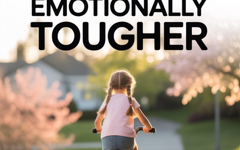 Young girl riding bicycle through scenic suburban neighborhood, symbolizing childhood resilience and emotional strength.