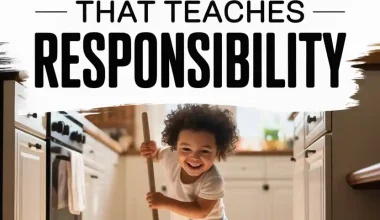 Happy child doing chores in modern kitchen to teach responsibility and responsibility.
