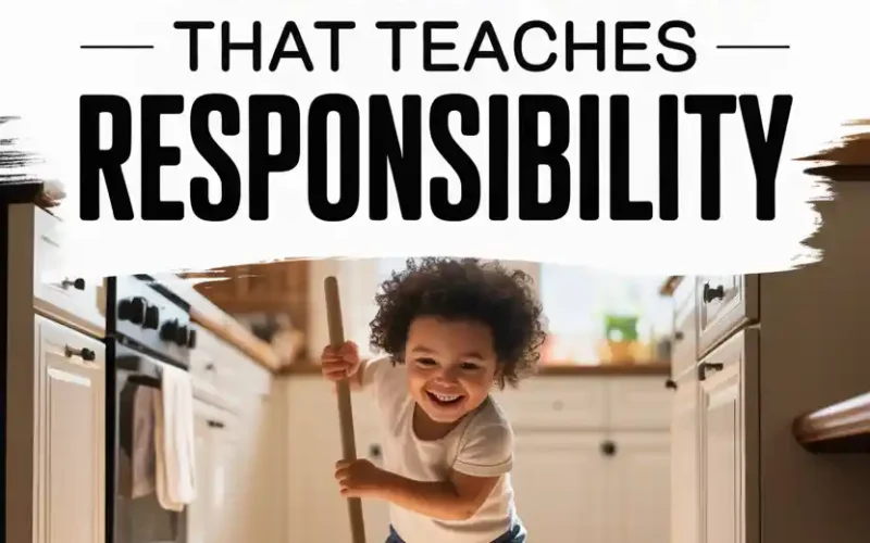 Happy child doing chores in modern kitchen to teach responsibility and responsibility.