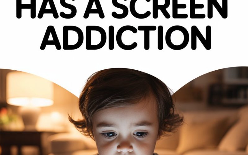 Child engrossed in tablet showing signs of screen addiction in a cozy home setting.