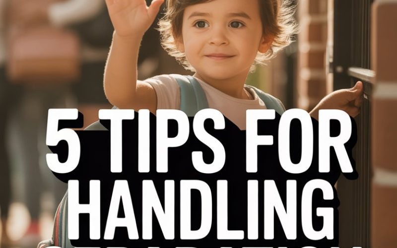 Young boy waving goodbye with backpack, outdoors, representing separation anxiety tips for parents.