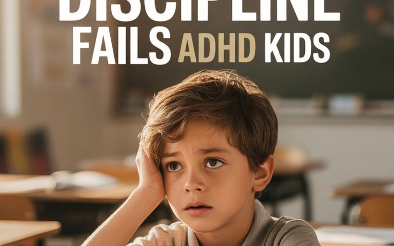 Child with ADHD feeling frustrated studying at school, highlighting traditional discipline challenges.