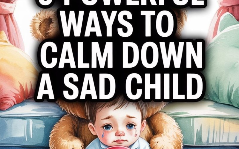 Sad child with tears, teddy bear, and red balloon in cozy bedroom scene.