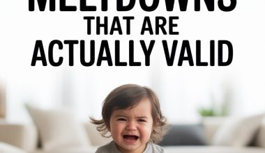 Toddler crying during a meltdown at home with toys and cozy living room background.